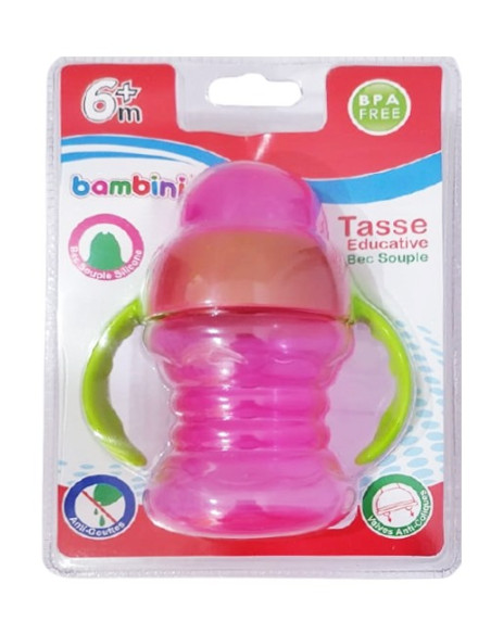 Tasse educative anti-gouttes avec bec souple silicone rose 6 mois+ -bambini