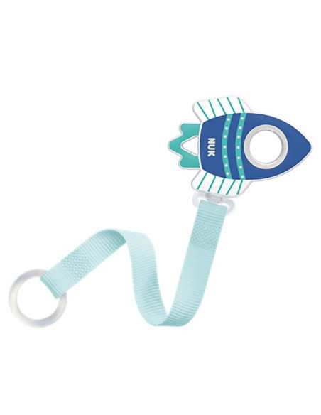 Attache-sucette NUK ruban Duo — bleu, fusée