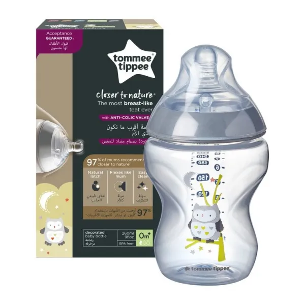 Close to nature biberon chouette gris 0m+ 260ml - Tommee tippee