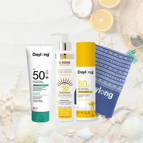 Pack Ecran crème gel spf 50+ & Lait solaire kids spf50+ & Ecran protecteur pour cheveux & Fouta Daylong gratuit