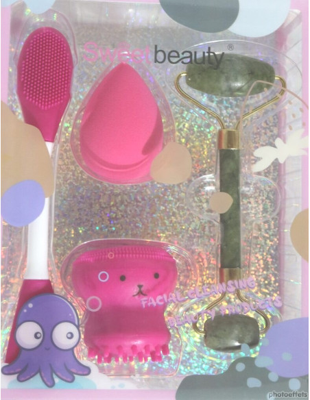 Coffret brosse nettoyante + éponge & rouleau - Rose | cosmetique.tn