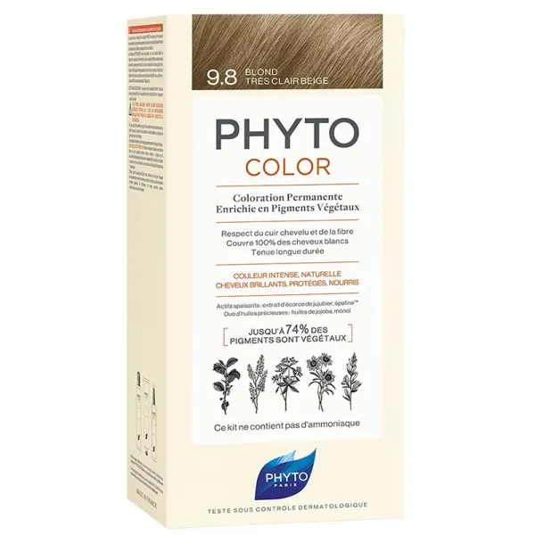 Kit de coloration permanente enrichie en pigments végétaux 9.8 blond très clair beige - Phytocolor