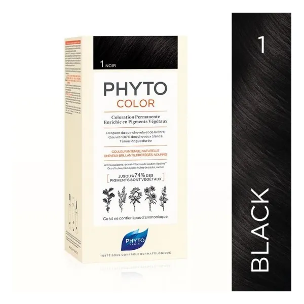 Kit de coloration permanente enrichie en pigments végétaux 1 noir - Phytocolor