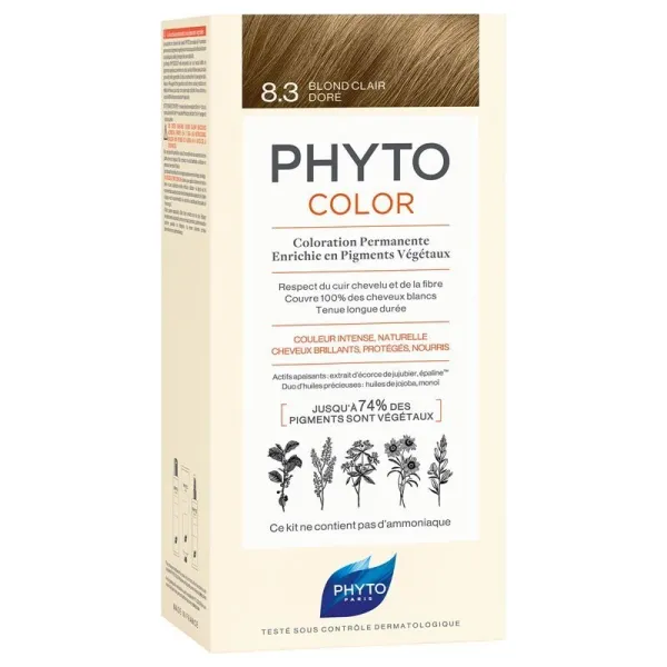 Kit de coloration permanente enrichie en pigments végétaux 8.3 blond clair doré - Phytocolor