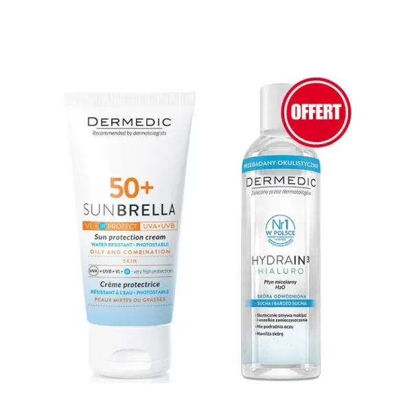 Dermedic pack protection solaire peaux mixtes à grasses sunbrella spf50 + Eau micellaire 200ml offerte