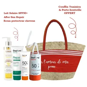 Daylong lait solaire spf50+ 50ml + after sun repair 100ml + écran protecteur pour cheveux 200 ml + couffin tunisien offert