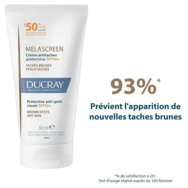 Ducray melascreen crème antitaches protectrice peaux sèches spf50+ 50ml