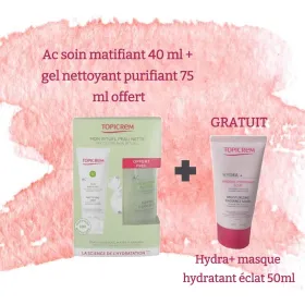 Topicrem Ac soin matifiant 40ml + gel nettoyant purifiant 75ml offert + Hydra+ masque hydratant éclat 50ml gratuit