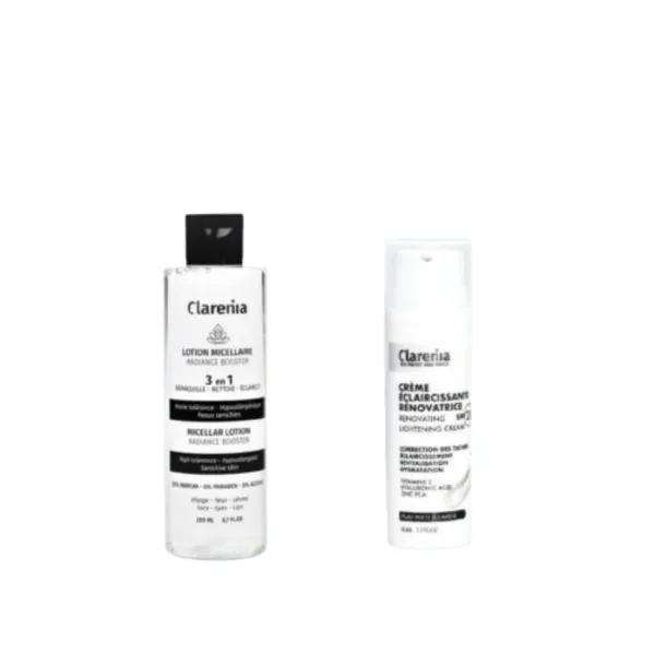 Pack Clarenia crème éclaircissante rénovatrice spf20 +Lotion micellaire radiance booster 3en1 visage et yeux 200ml - Clarenia