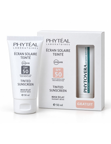 COFFRET ÉCRAN SOLAIRE TEINTÉ BEIGE ÉCLAT SPF 50 UVA + PHYTOVERA GEL APAISANT GRATUIT-PHYTÉAL