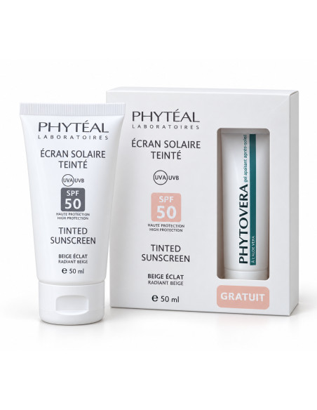 COFFRET ÉCRAN SOLAIRE TEINTÉ BEIGE ÉCLAT SPF 50 UVA + PHYTOVERA GEL APAISANT GRATUIT-PHYTÉAL