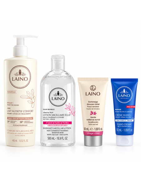 Trousse soins micellaire, karité, gommage et mains – Laino