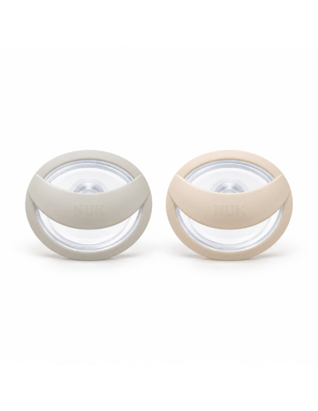 Lot de 2 sucettes NUK MommyFeel en silicone 0–9 mois — gris et beige