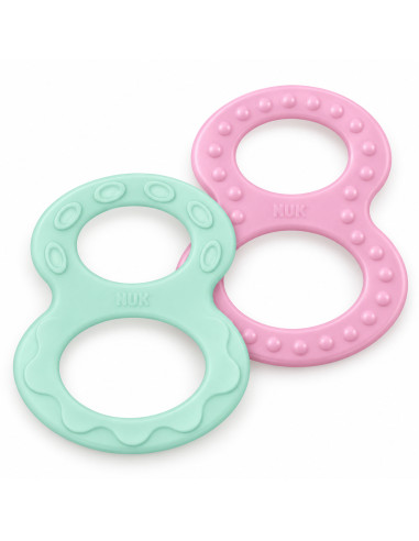 Lot de 2 anneaux de dentition NUK en 8 — rose et vert, 0 mois et plus