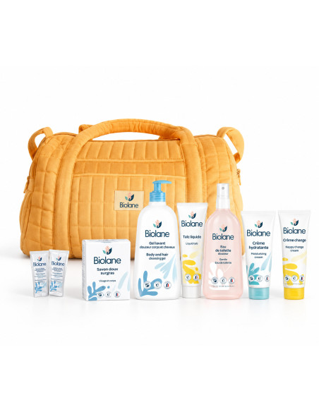 Biolane Coffret Sac Maman matelassé jaune avec soins bébé