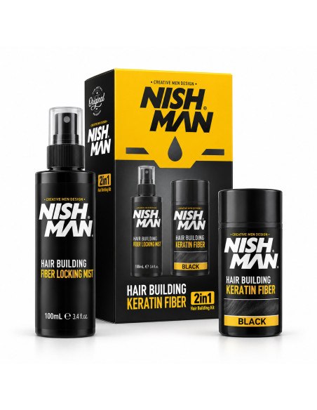 Nish Man Keratin Fiber Kit 2 En 1 Hair Built Fiber 21Gr Fiber Looking Mist 100Gr Black/Dark Brown