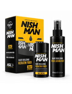 Nish Man Keratin Fiber Kit 2 En 1 Hair Built Fiber 21Gr Fiber Looking Mist 100Gr Black/Dark Brown