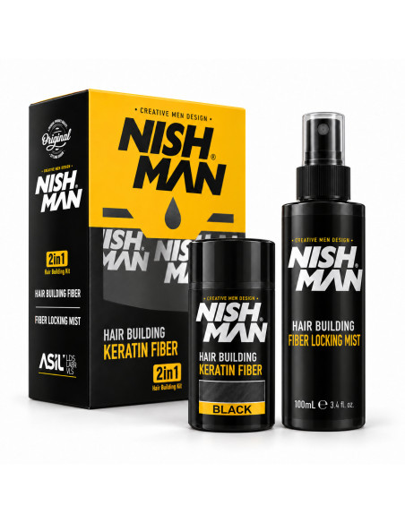 Nish Man Keratin Fiber Kit 2 En 1 Hair Built Fiber 21Gr Fiber Looking Mist 100Gr Black/Dark Brown