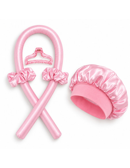 Kit boucles sans chaleur rose — bandeau satiné, bonnet, chouchous et pince