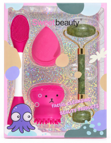 Sweet Beauty – Coffret brosse, éponge et rouleau rose